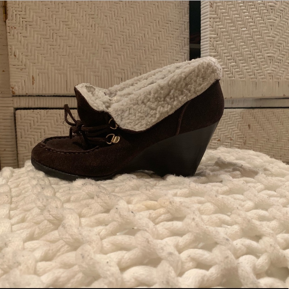 Michael Kors brown wedge heels with fur trim